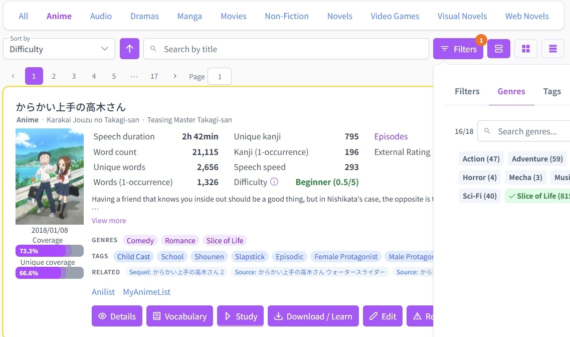 Media list filtered by difficulty and genre